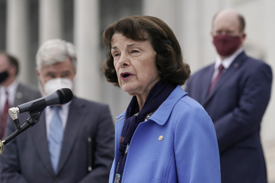 FILE - Senate Judiciary Committee ranking member Sen. Dianne Feinstein, D-Calif., speaks during a news conference on Oct. 22, 2020, at the Capitol in Washington. Feinstein is not the first senator to take an extended medical absence from the Senate or face questions about her age or cognitive abilities. But the open discussion over her capacity to serve underscores how the Senate has changed in recent years, and how high-stakes partisanship has divided the once-collegial Senate. (AP Photo/J. Scott Applewhite, File)