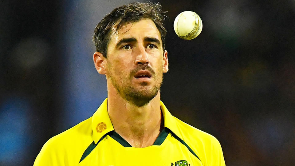 Mitchell Starc managed to cut his finger own his own spikes during Australia's T20 win over Sri Lanka, ruling him out of the second match on Wednesday. (Photo by ISHARA S. KODIKARA/AFP via Getty Images)