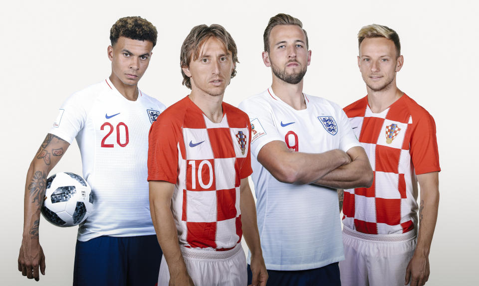 England’s Dele Alli and Harry Kane, alongside Croatia’s Luca Modric and Ivan Rakitic, will be four of the key players in the semi final. (FIFA/Getty)