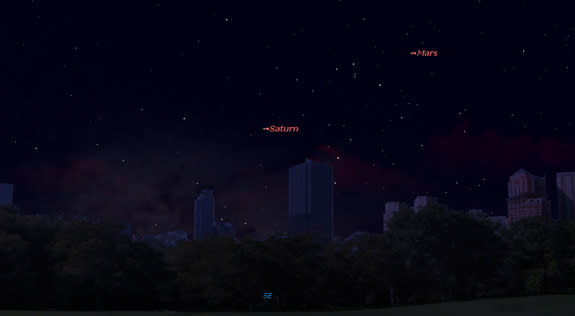 This sky map shows the location of Mars in the southeastern sky at 9 p.m. local time on May 30, 2016, when the planet will be at its closest to Earth in 11 years. Saturn will also be visible nearby, weather pe