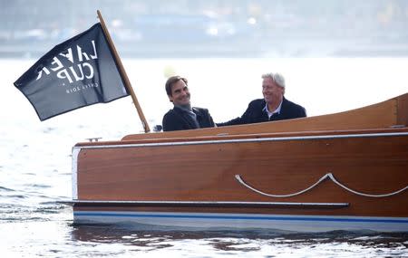 REFILE - ADDING DROPPED LETTER Bjorn Borg and Roger Federer sit aboard a boat during a promotion event for the Laver Cup tennis tournament on Lake Geneva in Geneva, Switzerland February 8, 2019. REUTERS/Arnd Wiegmann