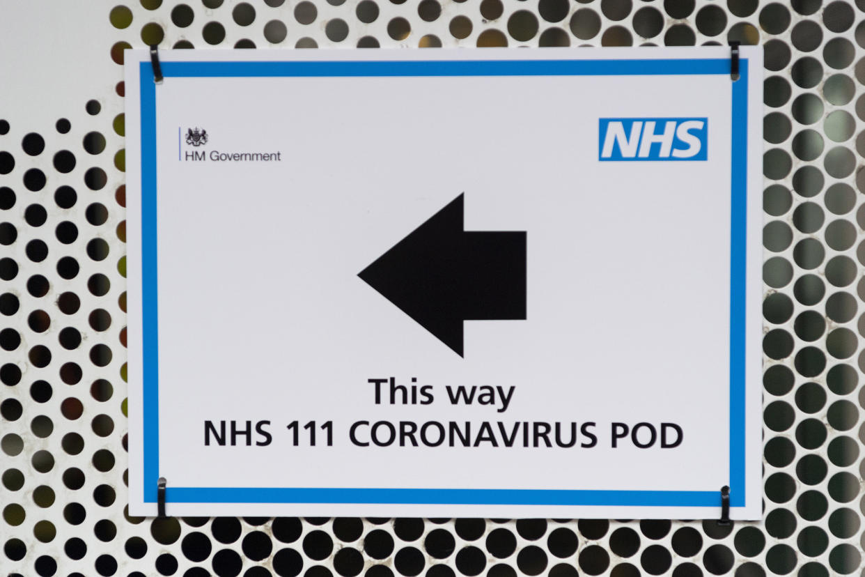 LONDON, March 2, 2020 -- Photo taken on March 2, 2020 shows a sign directing patients to a National Health Service 111 Coronavirus Pod positioned at the University College Hospital in London, Britain. (Photo by Ray Tang/Xinhua via Getty) (Xinhua/Ray Tang via Getty Images)