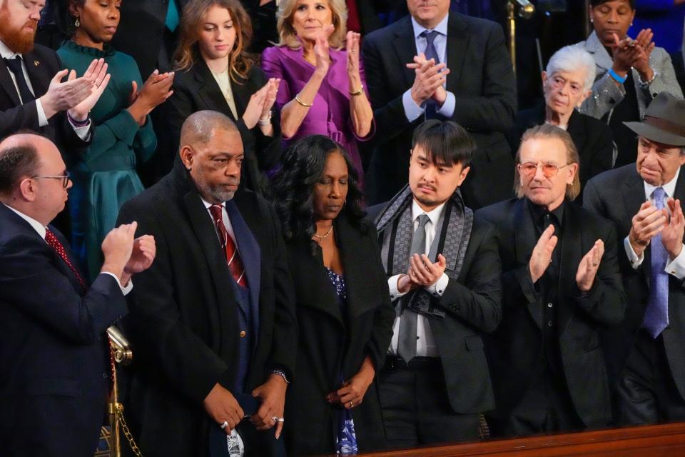 Rodney Wells and RowVaughn Wells, stepfather and mother of Tyre Nichols, are recognized by President Joe Biden during the State of the Union address from the House chamber of the United States Capitol in Washington.