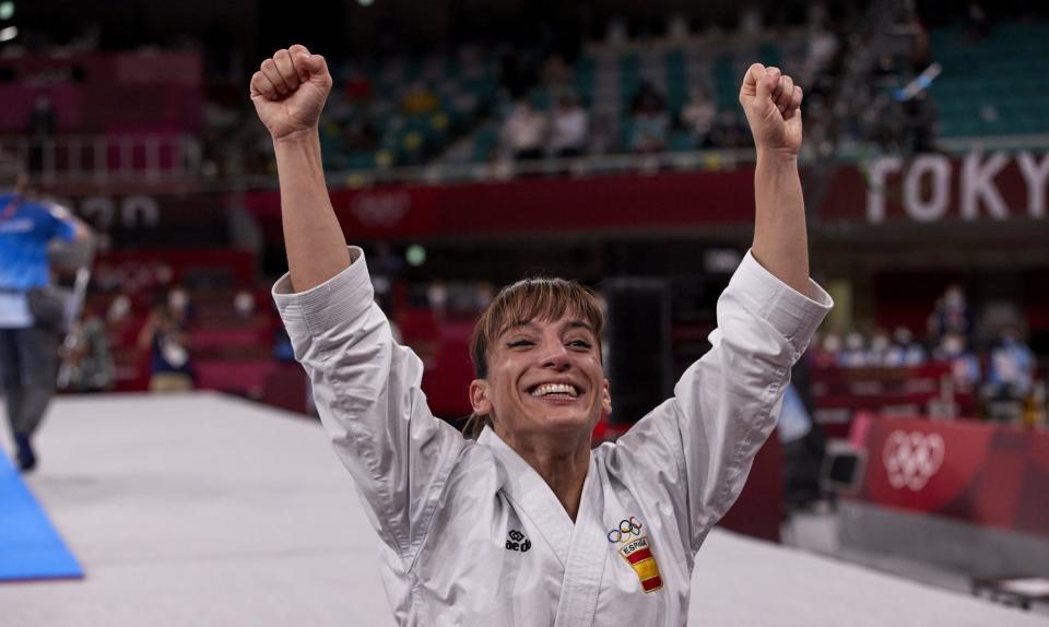 <p>Sandra Sanchez of Spain wins the first-ever Karate gold medal at Nippon Budokan on August 5.</p>