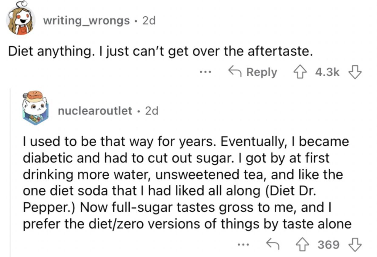 Reddit screenshot about how someone finds diet drinks to be gross.