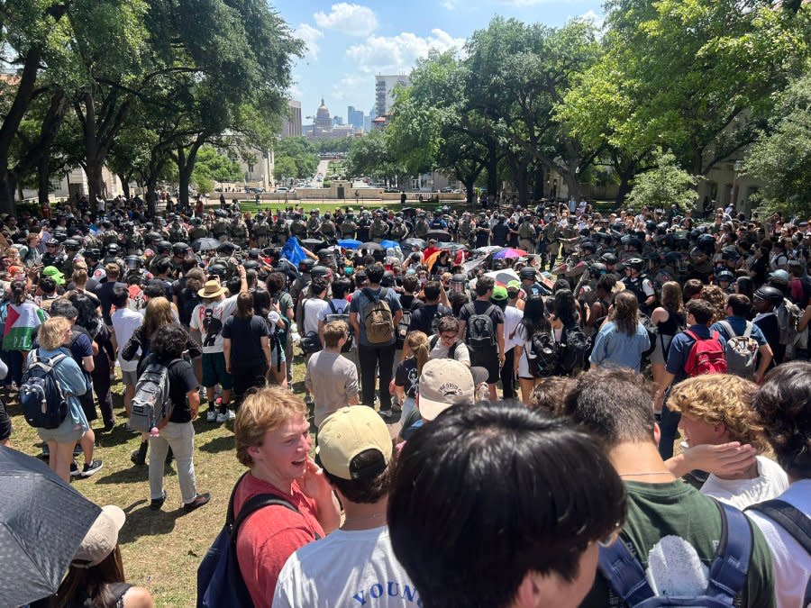 Pro-Palestine protesters gather on the University of Texas at Austin campus again Monday, April 29, 2024. Law enforcement is trying to disperse the camp. (KXAN Photo/Grace Reader)