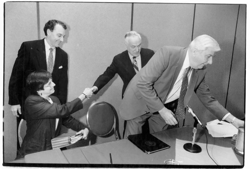 From left, Rep. Ron Machtley, state Sen. Myrth York, Gov.  Bruce Sundlun and former U.S. Attorney Lincoln Almond gather in 1994 to offer their visions of school reform.