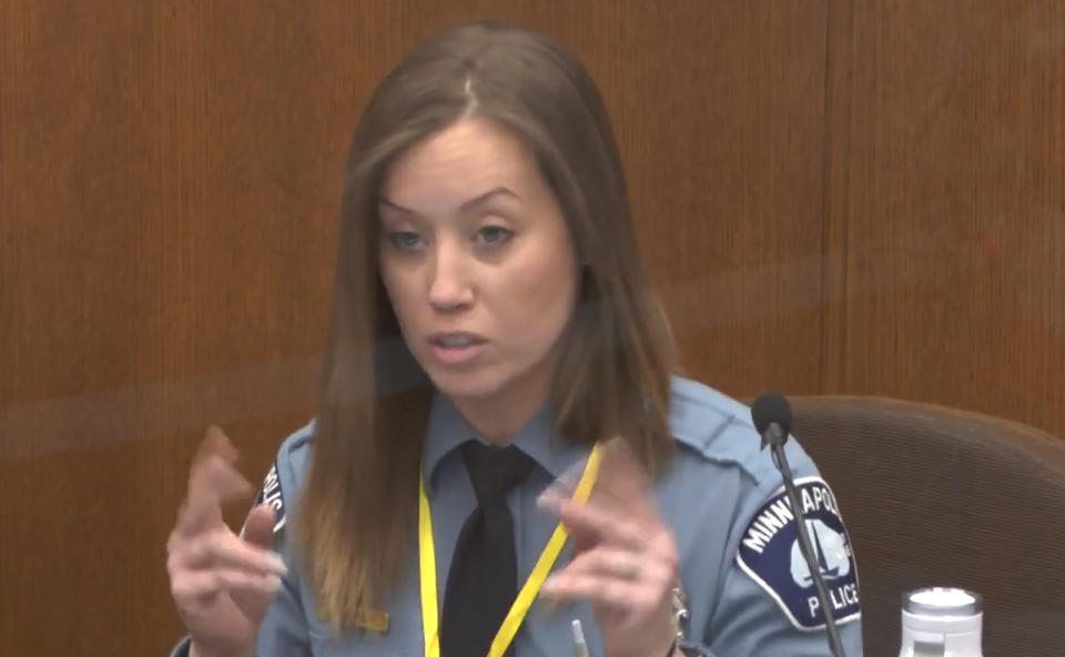 In this image from video, Minneapolis Police Officer Nicole Mackenzie testifies as Hennepin County Judge Peter Cahill presides, Tuesday, April 13, 2021, in the trial of former Minneapolis police Officer Derek Chauvin at the Hennepin County Courthouse in Minneapolis, Minn. Chauvin is charged in the May 25, 2020 death of George Floyd. (Court TV via AP, Pool)