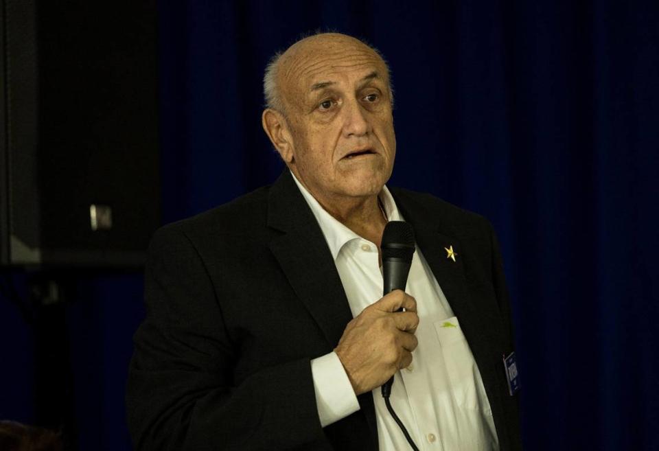 John Rivera, Republican candidate for Miami-Dade County sheriff in 2024, speaks during a forum for Miami-Dade sheriff held at the IBEW Local 349 Union Hall, in Miami, on Wednesday, May 29, 2024.