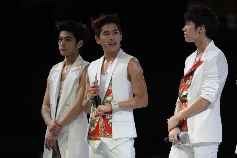 Kpop group "UKISS" performs for the crowd during the "Dream Kpop Fantasy Concert" held at the Mall of Asia grounds in Pasay city, south of Manila on 19 January 2013.  (George Calvelo/NPPA Images)