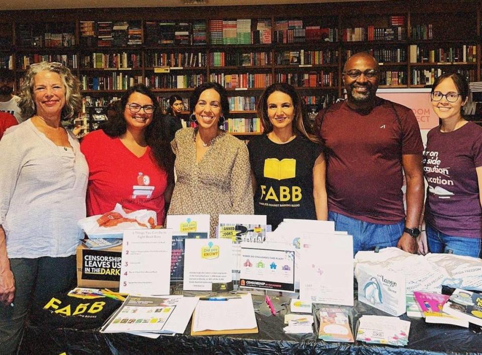 From left: Jordan Levin, a member of Families Against Banning Books; Lissette Fernandez, of Moms for Libros; Ana Sofía Peláez, co-founder and executive director of Miami Freedom Project; Hedieh Sepehri, a founder of Families Against Banning Books; Maxime Desse, a member of Families Against Banning Books; and Stephana Ferrell, co-founder of Florida Freedom to Read Project, at Books & Books in Coral Gables during the kickoff of Banned Books Week, Sunday, Oct. 1, 2023.