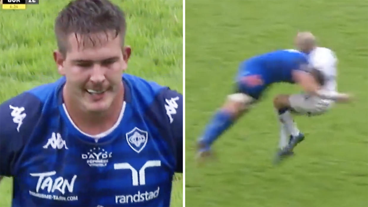 Rugby player Ryno Pieterse has been accused of laying one of the worst tackles in rugby history in the French Top 14, leaving his feat to barrel into a rival after a clearing kick. Pictures: Twitter/Premiere Sports