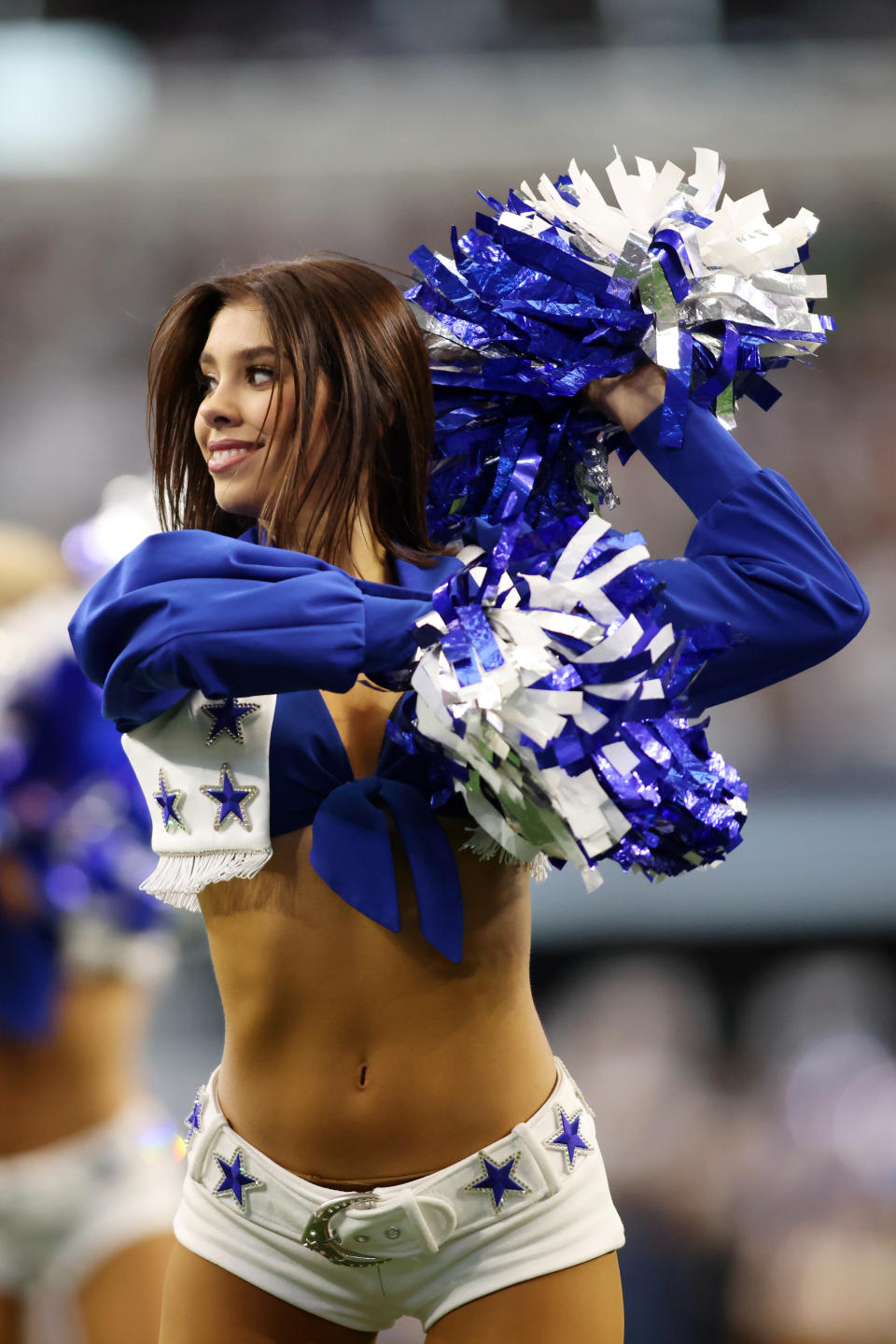 Sep 17, 2023; Arlington, Texas, USA; Dallas Cowboys cheerleader performs during a timeout in the game against the New York Jets at AT&T Stadium. Mandatory Credit: Tim Heitman-USA TODAY Sports