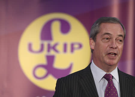 United Kingdom Independence Party (UKIP) interim leader Nigel Farage speaks before announcing the winner of the UKIP leadership election, in London, Britain November 28, 2016. REUTERS/Toby Melville/Files