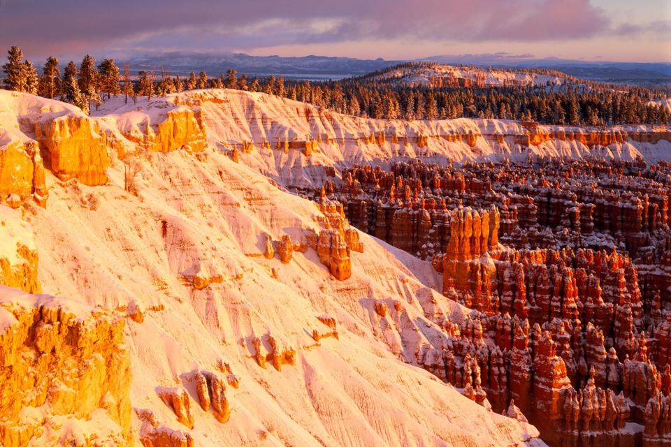 Bryce Canyon National Park, Bryce Point, canyon overlook covered in snow at sunrise