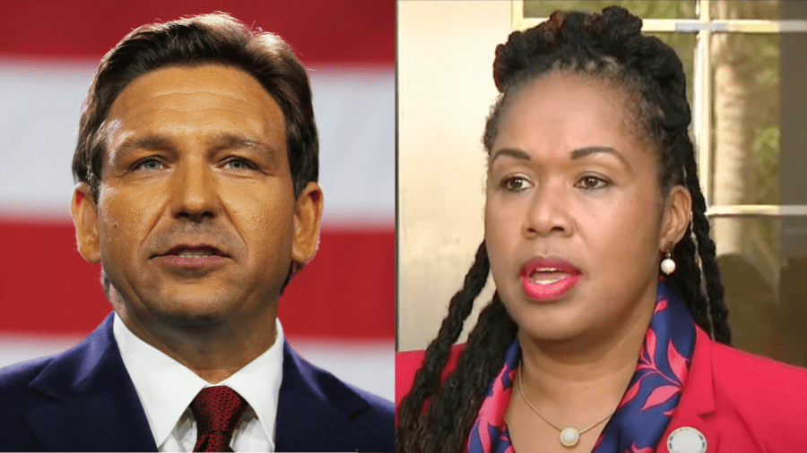 Florida Gov. Ron DeSantis (left) suspended State Attorney Monique Worrell (right) who was elected in 2020 as the top prosecutor in the 9th Judicial Circuit. (Photo: Getty Images/ Screenshot from Fox 35 Orlando)