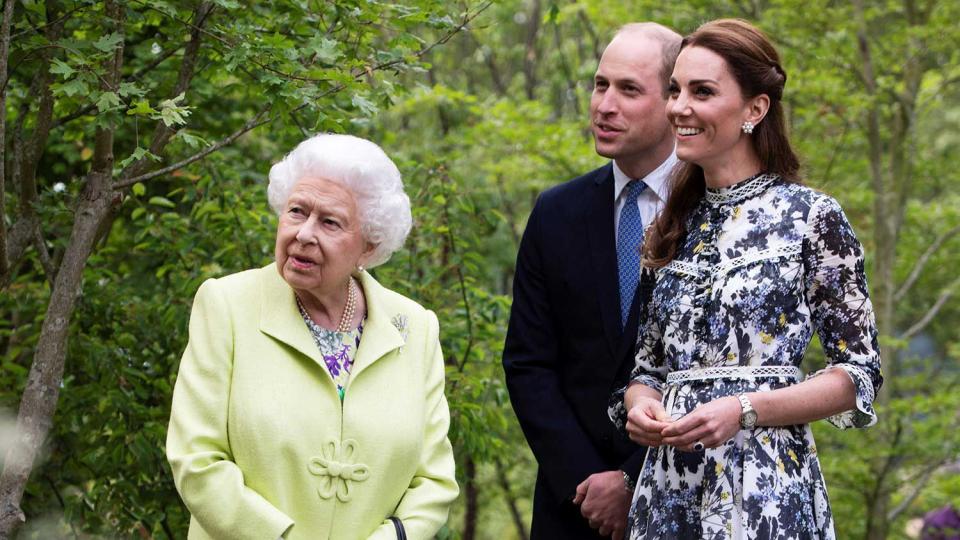 Britain's Catherine, Duchess of Cambridge (R) shows Britain's Queen Elizabeth II (L) and Britain's Prince William, Duke of Cambridge, around the 'Back to Nature Garden' garden, that she designed along with Andree Davies and Adam White, during their visit to the 2019 RHS Chelsea Flower Show in London on May 20, 2019.