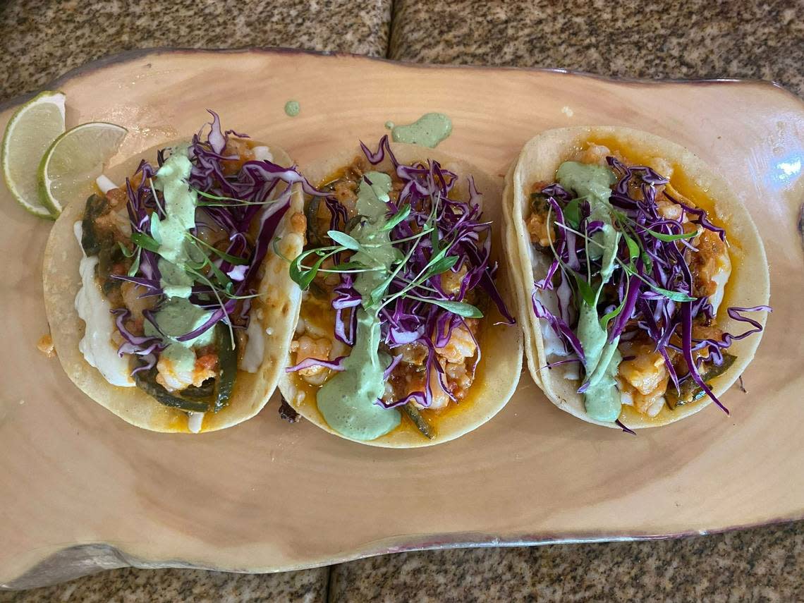 The new Gobernador tacos at Molino’s Mexican Cuisine are made with shrimp sauteed in poblano peppers, onions, melted cheese, red cabbage, chipotle creamy sauce and green aioli sauce.