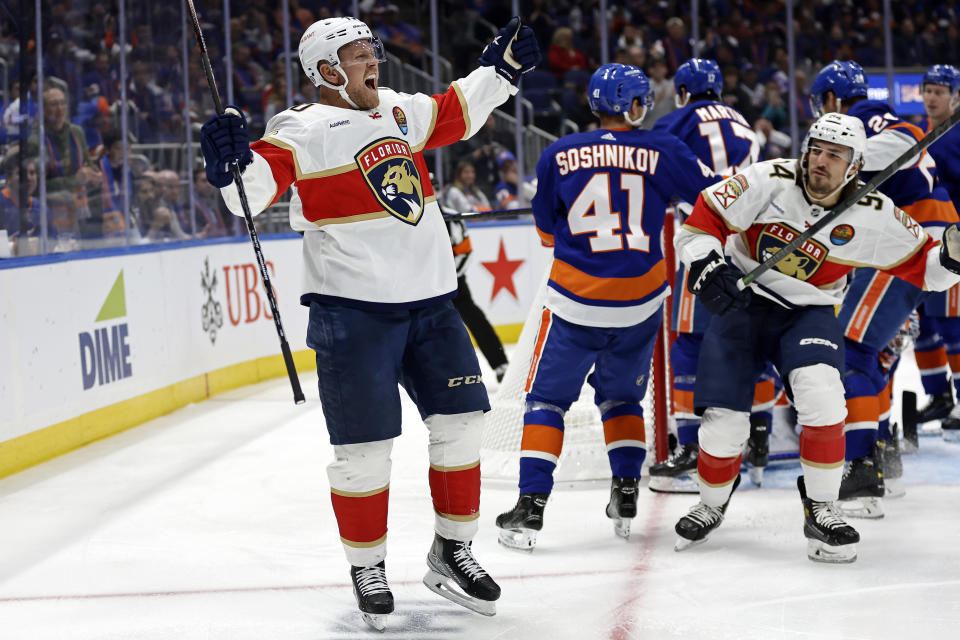 Florida Panthers right wing Patric Hornqvist celebrates his goal against the New York Islanders during the third period of an NHL hockey game Thursday, Oct. 13, 2022, in Elmont, N.Y. The Panthers won 3-1. (AP Photo/Adam Hunger)