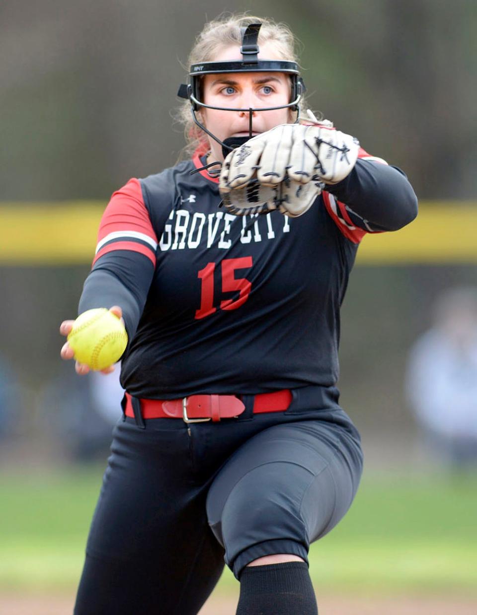 Tri-Valley grad Janessa Dawson throws a pitch for Grove City (Pennsylvania) this past season. She led the team in wins and ERA as a senior, while ranking among the best in program history in multiple categories.