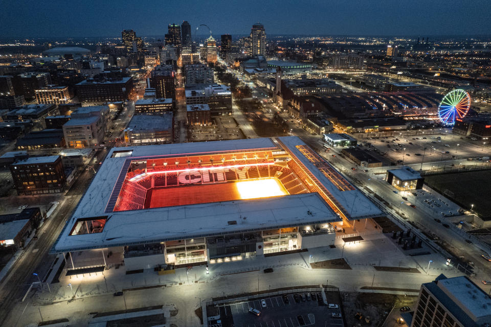 CityPark Stadium is seen in this drone photo made Wednesday, Jan. 11, 2023, in St. Louis. When season tickets sales began for Major League Soccer's newest team, St. Louis City SC leaders figured they'd be a hot ticket in a city with a deep love for the sport. (AP Photo/Jeff Roberson)