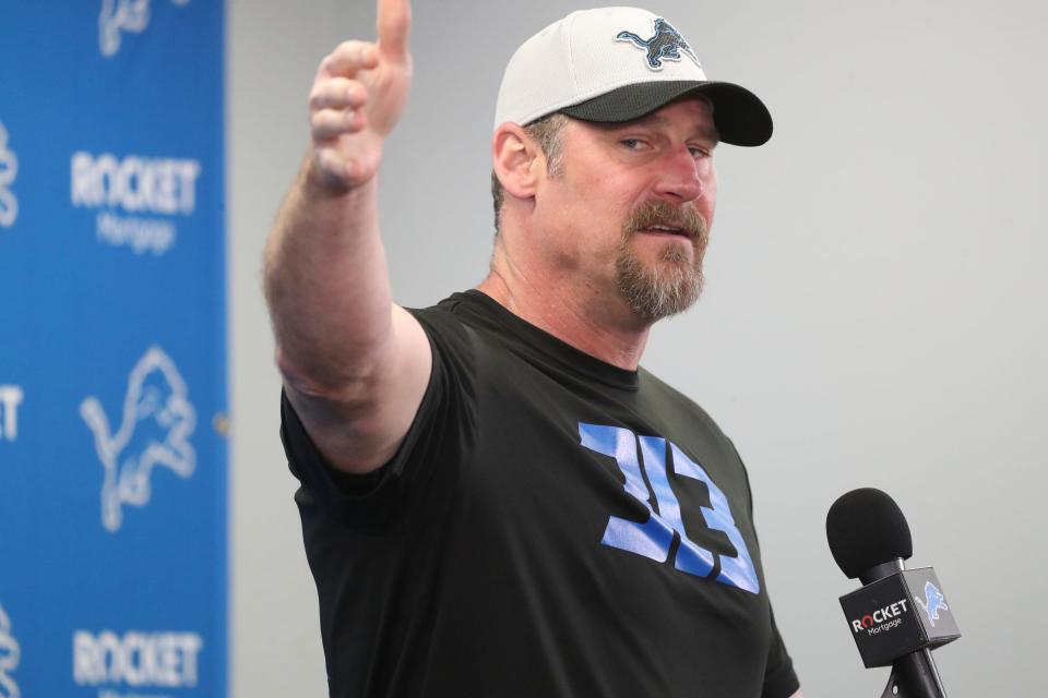 Head coach Dan Campbell talks with reporters before Detroit Lions rookie minicamp Saturday, May 14, 2022 at the Allen Park practice facility.