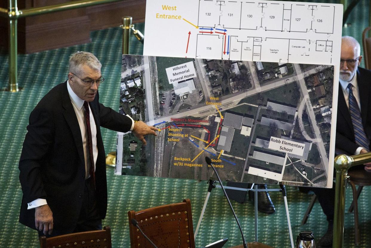 Texas Department of Public Safety Director Steve McCraw uses maps and graphics to present a timeline of the school shooting at Robb Elementary School in Uvalde, during a hearing Tuesday in Austin.