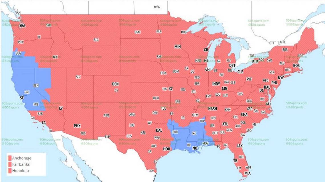 The game will be seen in at least part of every state except Louisiana.