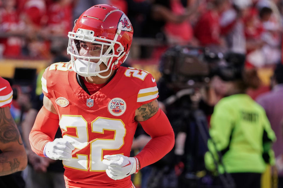 Oct 12, 2023; Kansas City, Missouri, USA; Kansas City Chiefs cornerback Trent McDuffie (22) takes the field for warm ups against the Los Angeles Chargers prior to a game at GEHA Field at Arrowhead Stadium. Mandatory Credit: Denny Medley-USA TODAY Sports