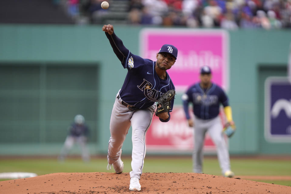Tampa Bay Rays' Taj Bradley delivers a pitch to a Boston Red Sox hitter in the first inning of a baseball game, Sunday, June 4, 2023, in Boston. (AP Photo/Steven Senne)