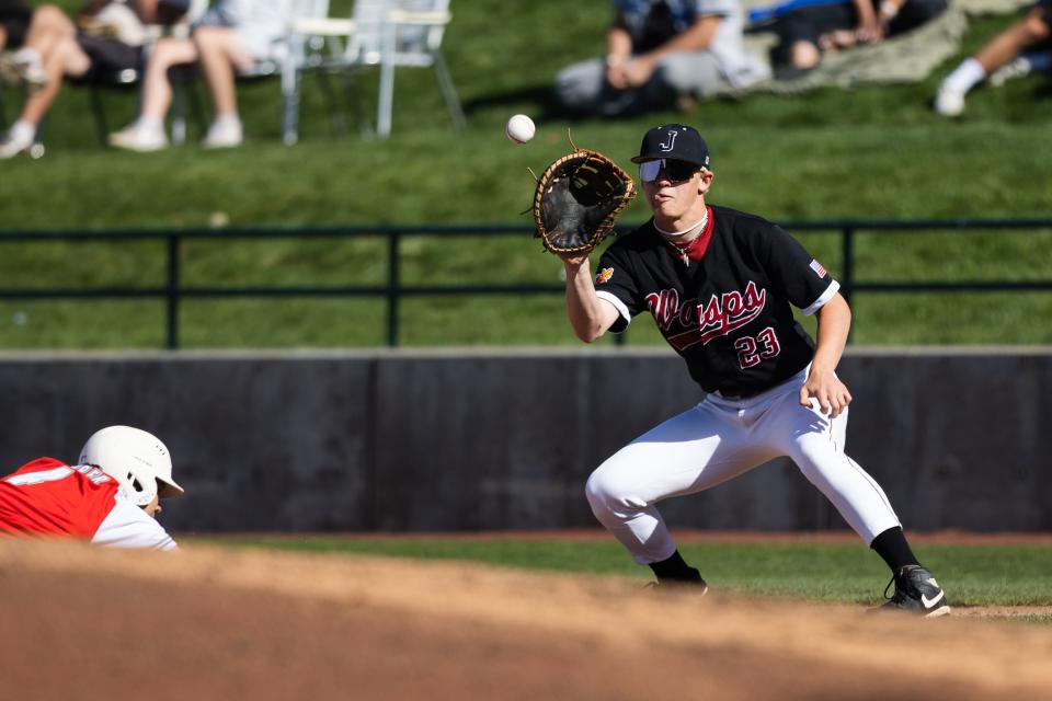 Juab’s Connor Cowan (23) catches the ball during the 3A boys baseball quarterfinals at Kearns High School in Kearns on May 11, 2023. | Ryan Sun, Deseret News