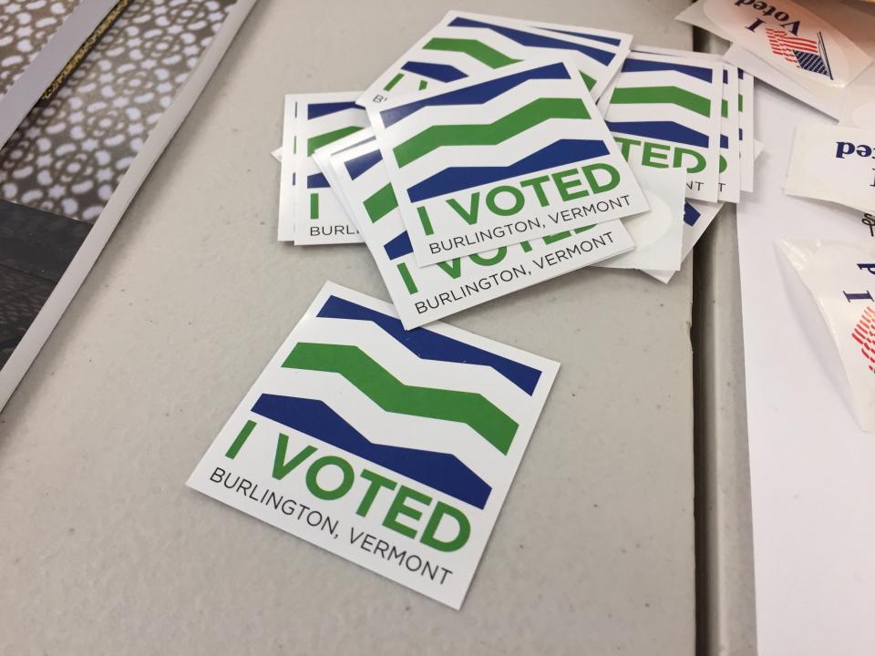 "I voted" stickers wait for citizens on Town Meeting Day in Burlington on March 3, 2020.