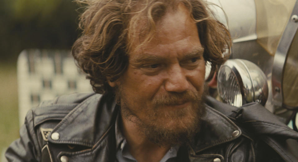 This image released by Focus Features shows Michael Shannon in a scene from "The Bikeriders." (Focus Features via AP)