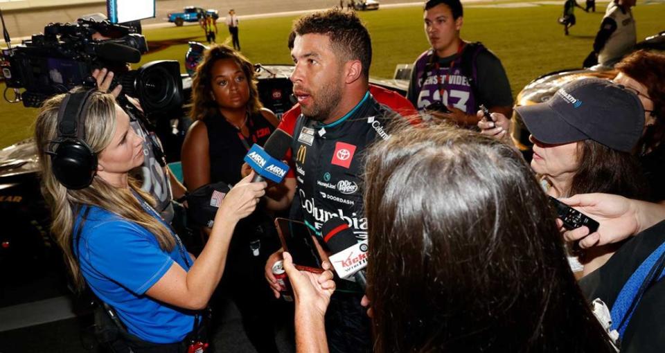 Bubba Wallace is interviewed after the regular-season finale at Daytona International Speedway