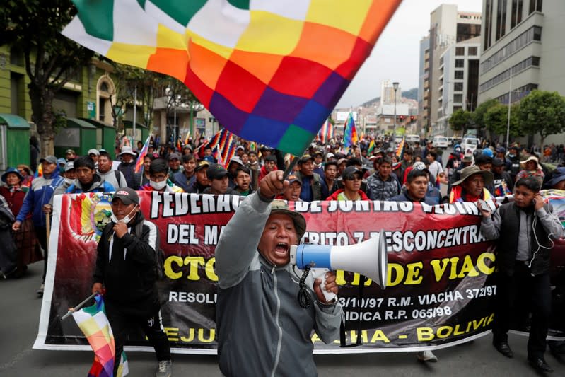 Supporters of former Bolivian President Evo Morales take part in a protest, in La Paz