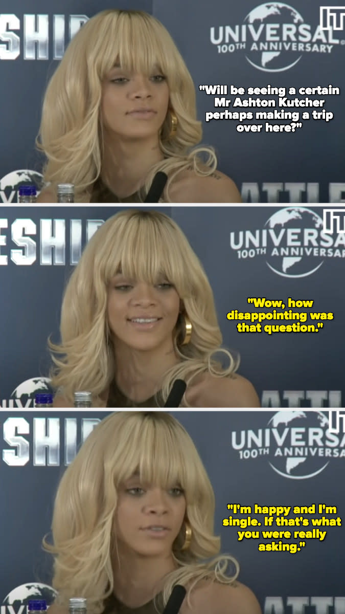 A picture of Rihanna with different expressions during a press conference