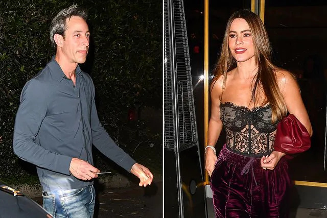 <p>CelebCandidly/Splash</p> Sofia Vergara with Justin Saliman while attending Kim Kardashian's birthday dinner in Beverly Hills, CA.