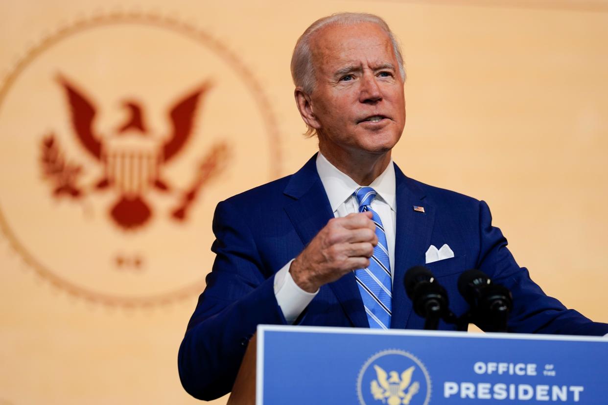 <p>President-elect Joe Biden delivers a speech the day before Thanksgiving on 25 November.</p> (AP)