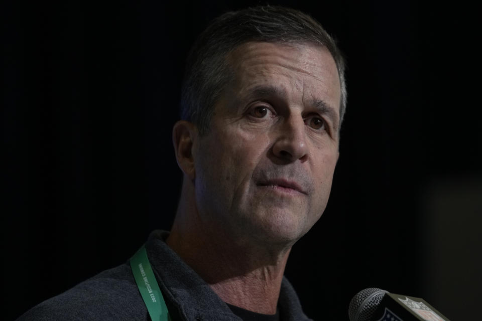 Baltimore Ravens head coach John Harbaugh speaks during a press conference at the NFL football scouting combine in Indianapolis, Wednesday, March 1, 2023. (AP Photo/Michael Conroy)