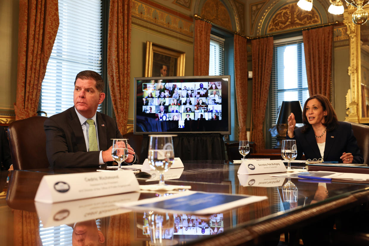 WASHINGTON, DC - MAY 13: Vice President Kamala Harris and Labor Secretary Marty Walsh hold a meeting with the White House Task Force on Worker Organizing and Empowerment in the Vice President’s Ceremonial Office in the Eisenhower Executive Office Building on May 13, 2021 in Washington, DC. The gathering of the task force was the inaugural meeting, with Vice President Harris and Secretary Walsh as co-chairs. (Photo by Anna Moneymaker/Getty Images)