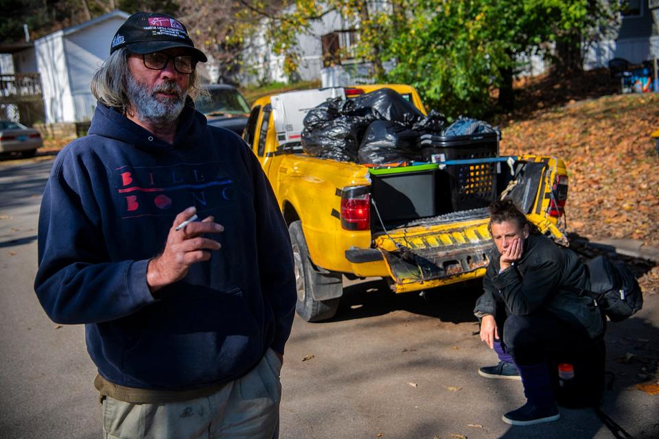 Larry Clay's pickup is filled with Amber Woods' belongings on Nov. 2, 2023, the day Clay was evicted from his trailer at Arlington Valley Mobile Home Park.