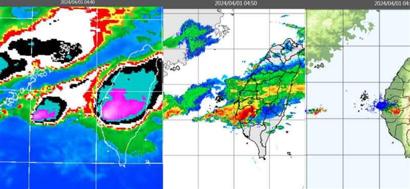 圖：今(1日)晨4：40紅外線色調強化雲圖顯示，台灣海峽中部有對流系統(左圖)；4：50雷達回波合成圖顯示，對流系統伴隨降水回波(中圖)；4：55閃電監測圖顯示，對流系統亦伴隨密集閃電(右圖)。