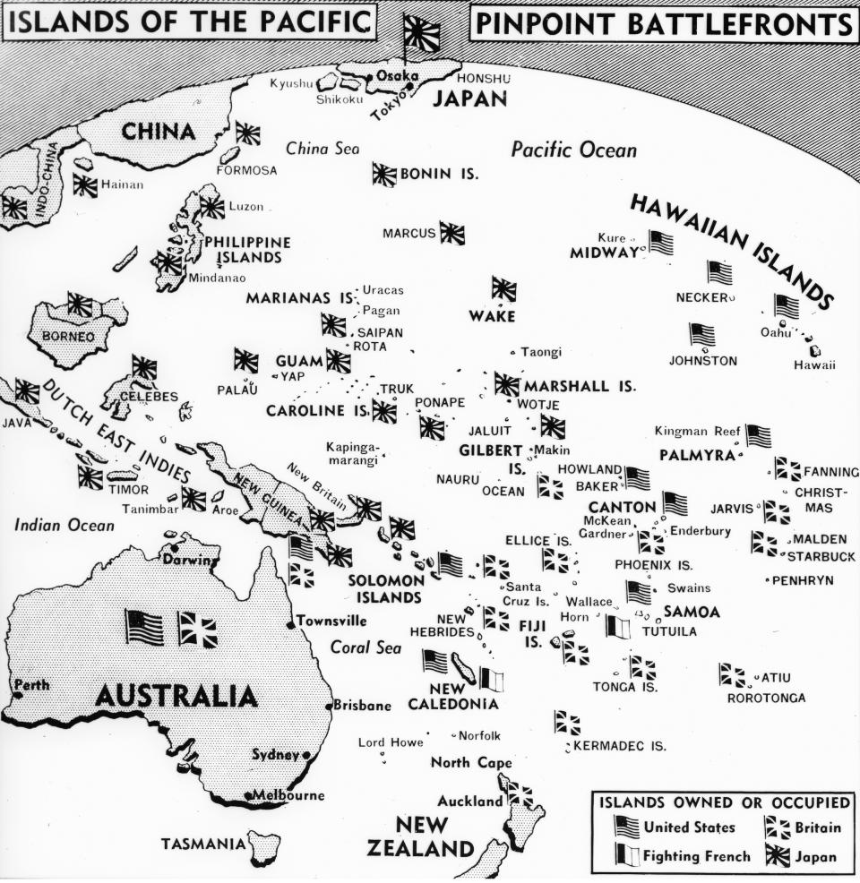 A 1942 map, laying out the World War II battlefields of the Pacific, shows the powers that control or occupy the islands of the area