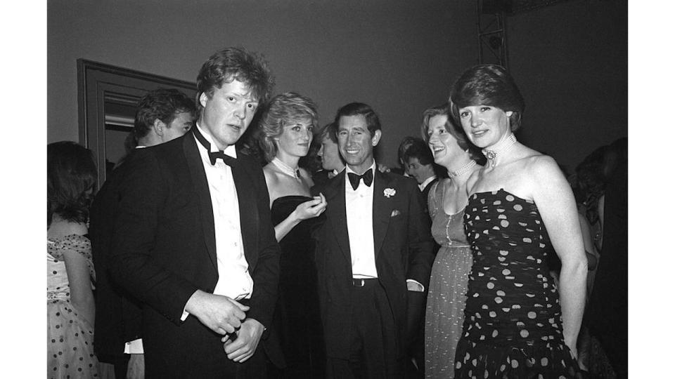 Black-and-white photo of Charles Spencer, Princess Diana, King Charles, Lady Jane Fellowes and Lady Sarah McCorquodale