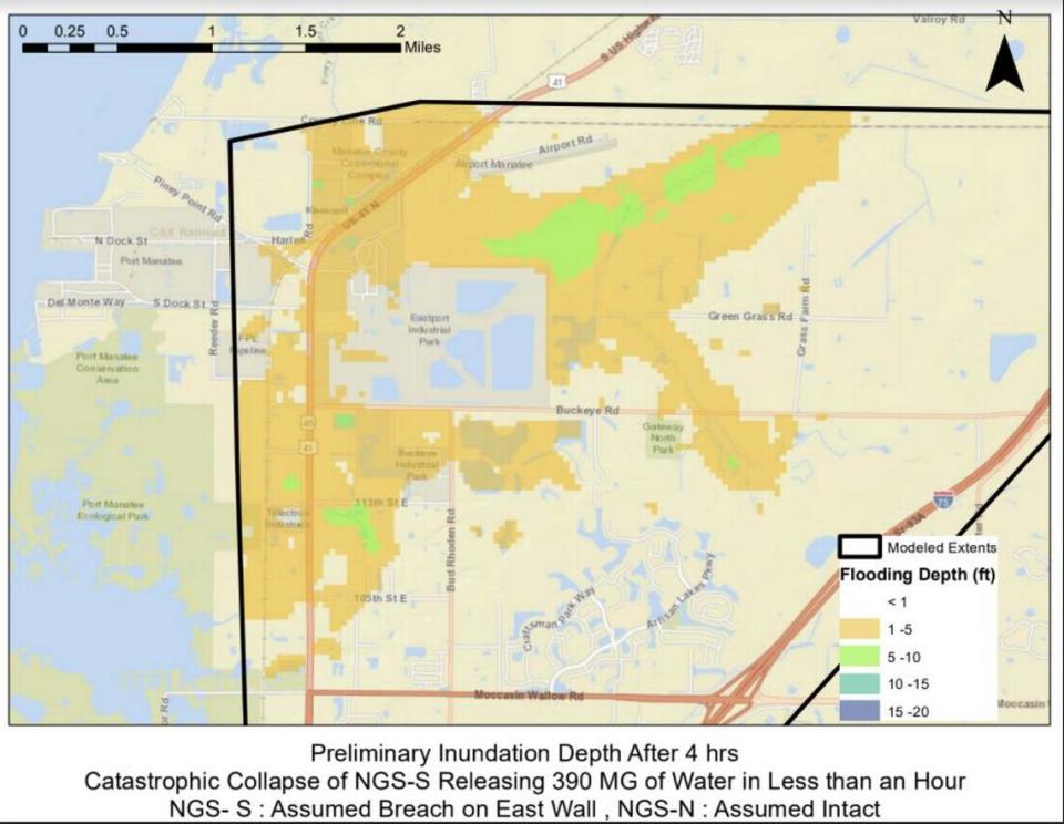 Inundation map produced by Florida Department of Environmental Protection shows a conservative estimate of engineers predicts the inundation level would be four hours after a full collapse of largest pond at Piney Point.