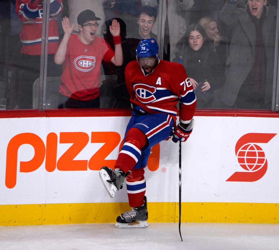 Nov 15, 2014; Montreal, Quebec, CAN; Montreal Canadiens defenseman P.K. Subban (76) reacts after scoring a goal against the Philadelphia Flyers during the second period at the Bell Centre. (Eric Bolte-USA TODAY Sports)