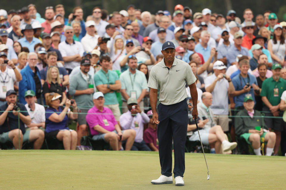 Tiger Woods looks over the ninth green during a practice round at Augusta.