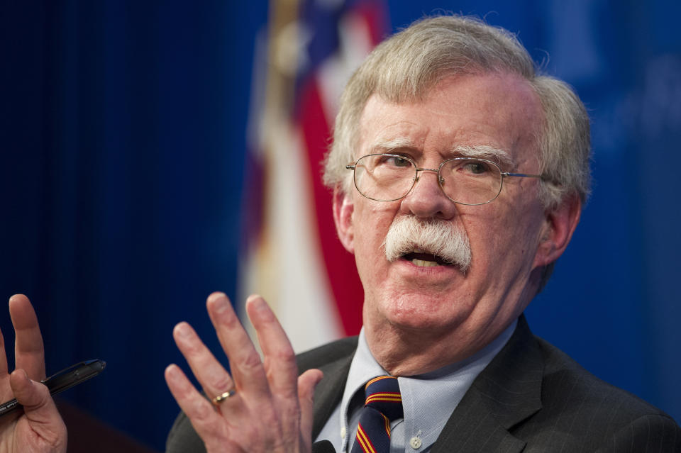 FILE - In this Dec. 13, 2018 file photo, national security adviser John Bolton unveils the Trump Administration's Africa Strategy at the Heritage Foundation in Washington. (AP Photo/Cliff Owen, File)