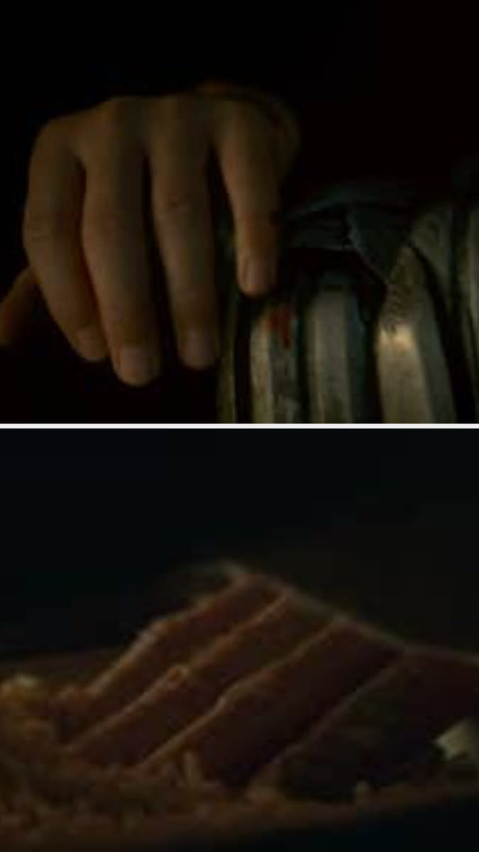 An image of Viserys's finger bleeding on the throne, above an image of him sticking his hand with rotten finger into a bowl of maggots