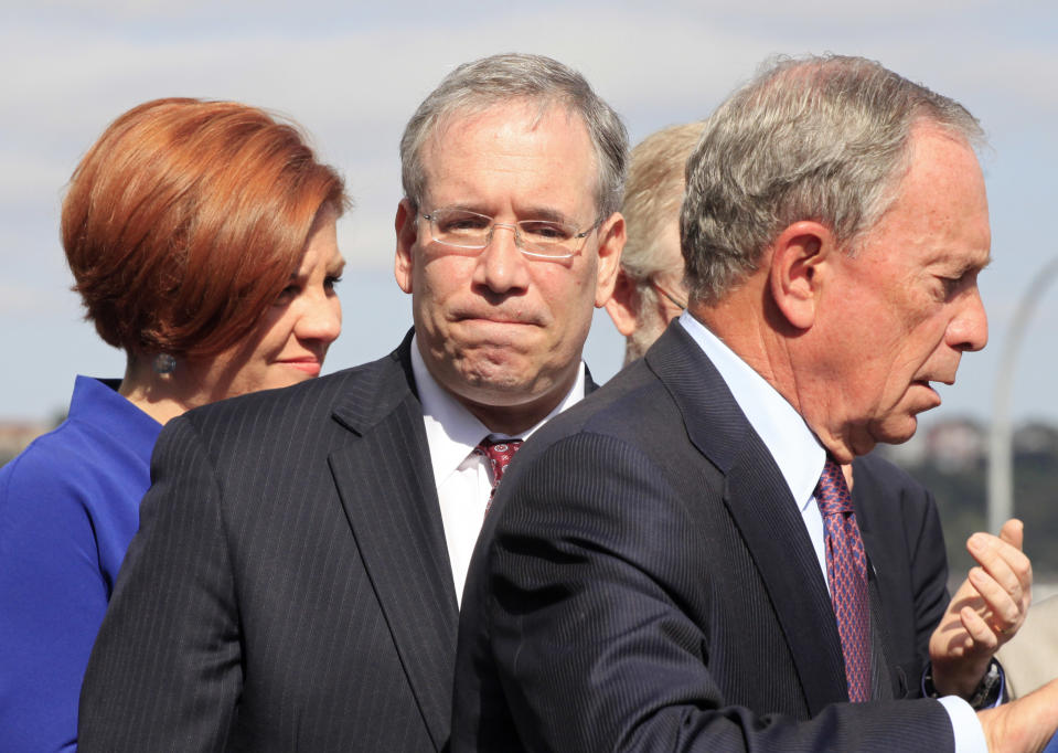 In this photo of Sept. 20, 2012, New York Mayor Michael Bloomberg, right, speaks at a ceremony in New York. City Council Speaker Christine Quinn, left, and Scott Stringer, center, Manhattan borough president, are both possible candidates to succeed Bloomberg. New York City's 2013 mayoral race doesn't fully kick off until after voters are done picking a president. But some of the city's top political players are already jockeying for position, preparing to introduce themselves to voters who haven't paid much attention to who will succeed Michael Bloomberg, the billionaire mayor who has defined City Hall for more than a decade. (AP Photo/Mark Lennihan)